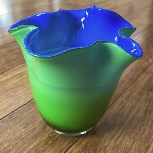 Beautiful Hand Blown Green Outside/Blue Inside Fluted Vase
